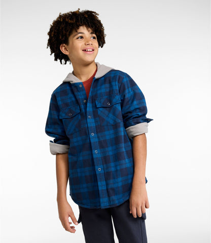 L.L.Bean Kids' Fleece-Lined Flannel Shirt, Hooded Plaid Deep Rosewood Plaid