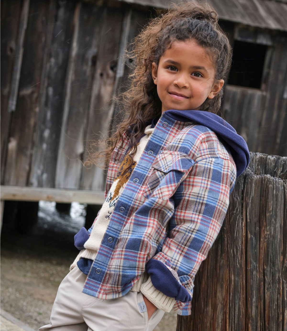 L.L.Bean Kids' Fleece-Lined Flannel Shirt, Hooded Plaid Deep Rosewood Plaid