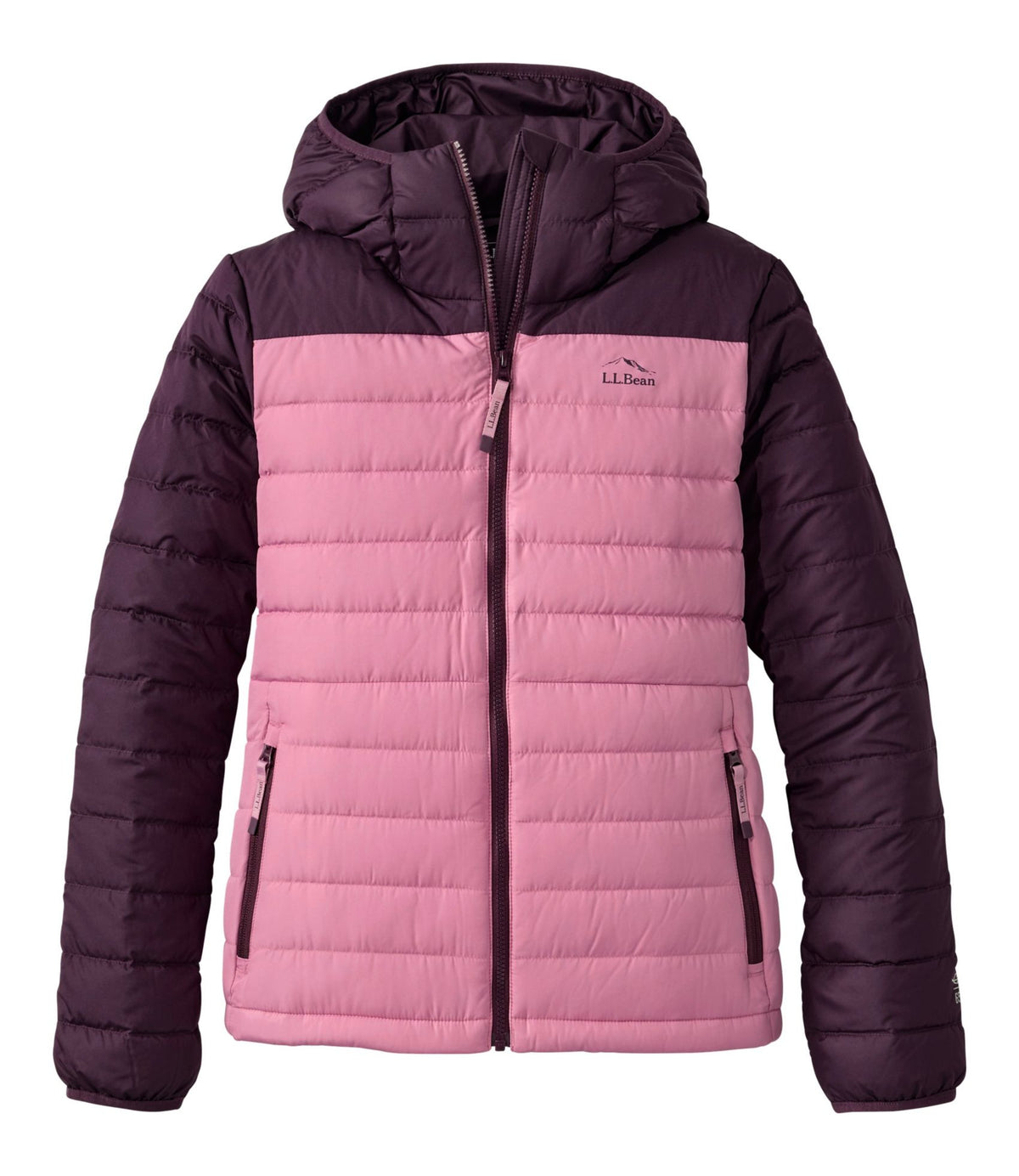 L.L.Bean Women's Access Down Hooded Puffer, Colorblock Eggplant/Iced Orchid