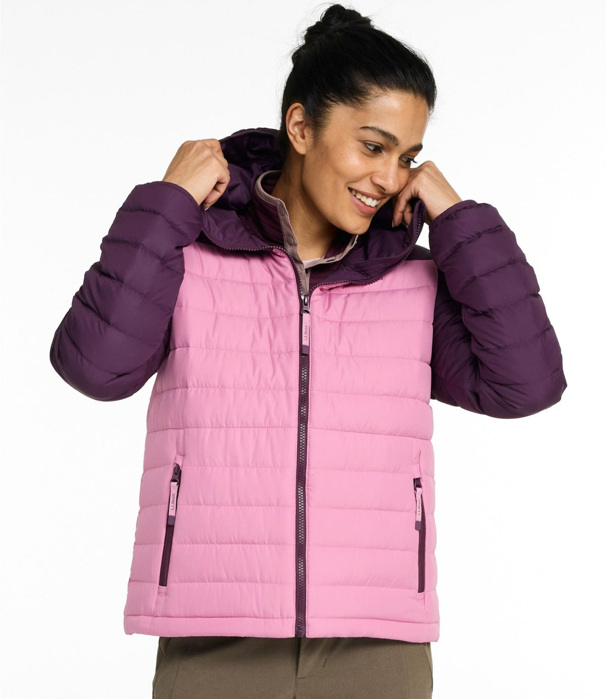 L.L.Bean Women's Access Down Hooded Puffer, Colorblock Eggplant/Iced Orchid