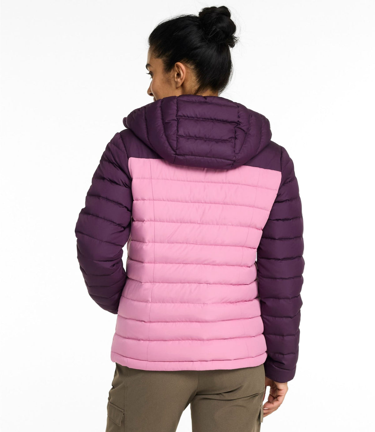 L.L.Bean Women's Access Down Hooded Puffer, Colorblock Eggplant/Iced Orchid