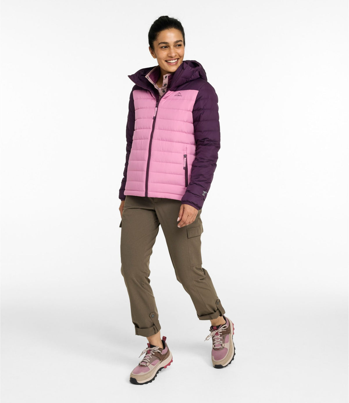 L.L.Bean Women's Access Down Hooded Puffer, Colorblock Eggplant/Iced Orchid