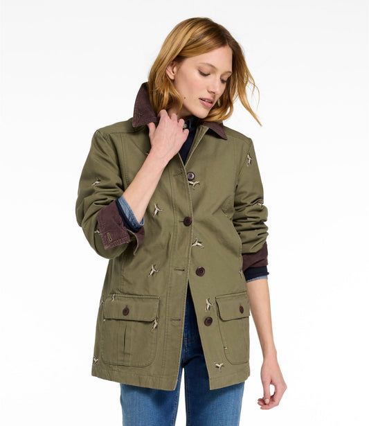 L.L.Bean Women's Adirondack Barn Coat, Flannel-Lined Embroidery Olive Gray Mallards