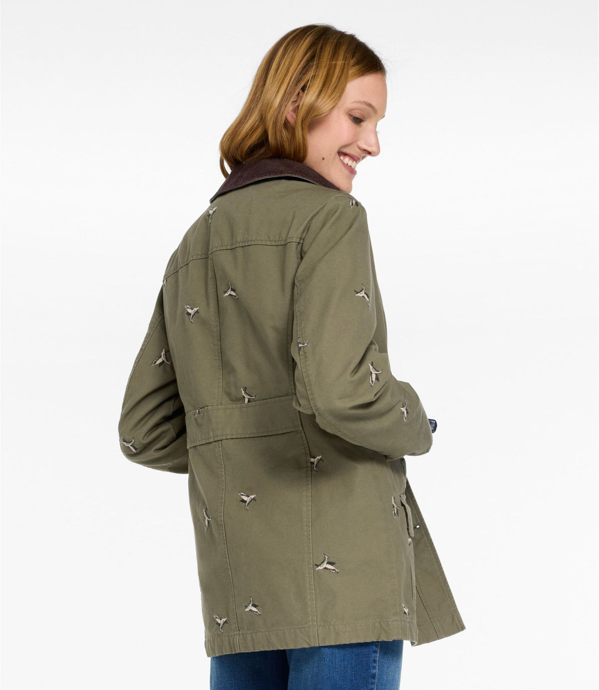L.L.Bean Women's Adirondack Barn Coat, Flannel-Lined Embroidery Olive Gray Mallards
