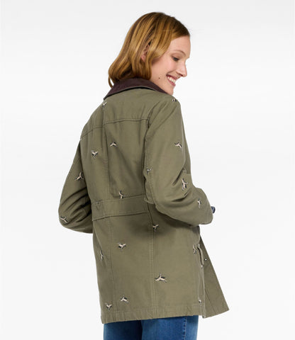 L.L.Bean Women's Adirondack Barn Coat, Flannel-Lined Embroidery Olive Gray Mallards