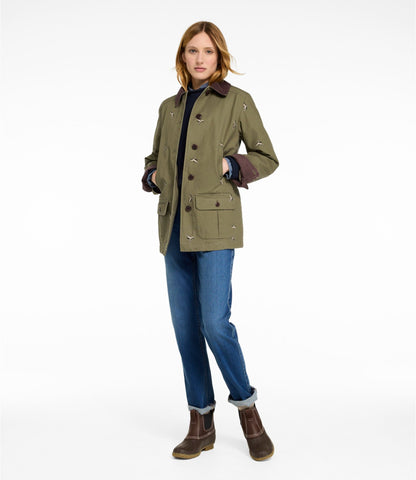 L.L.Bean Women's Adirondack Barn Coat, Flannel-Lined Embroidery Olive Gray Mallards