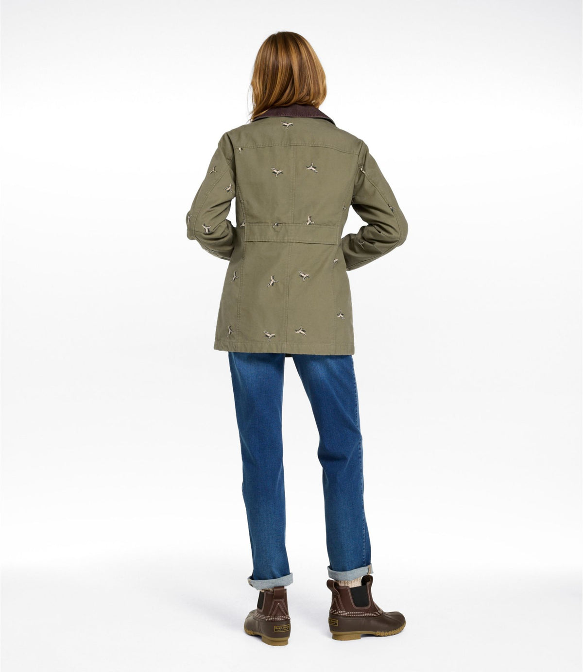 L.L.Bean Women's Adirondack Barn Coat, Flannel-Lined Embroidery Olive Gray Mallards