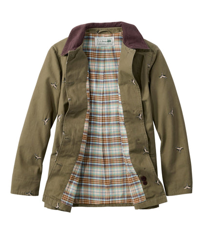 L.L.Bean Women's Adirondack Barn Coat, Flannel-Lined Embroidery Olive Gray Mallards
