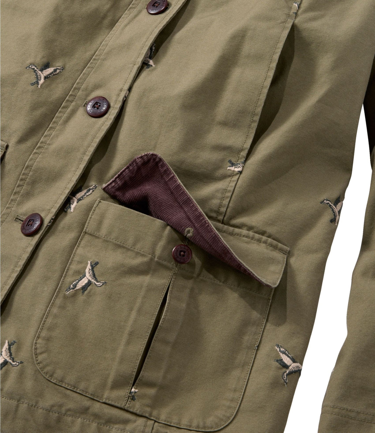 L.L.Bean Women's Adirondack Barn Coat, Flannel-Lined Embroidery Olive Gray Mallards