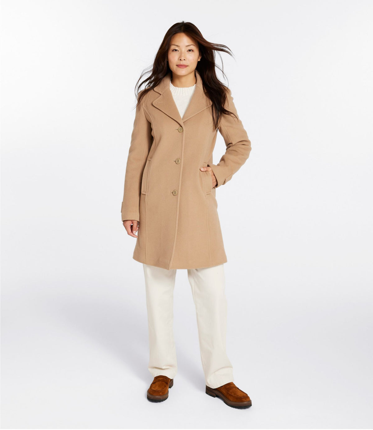 L.L.Bean Women's Classic Lambswool Polo Coat, Three-Quarter Length Camel