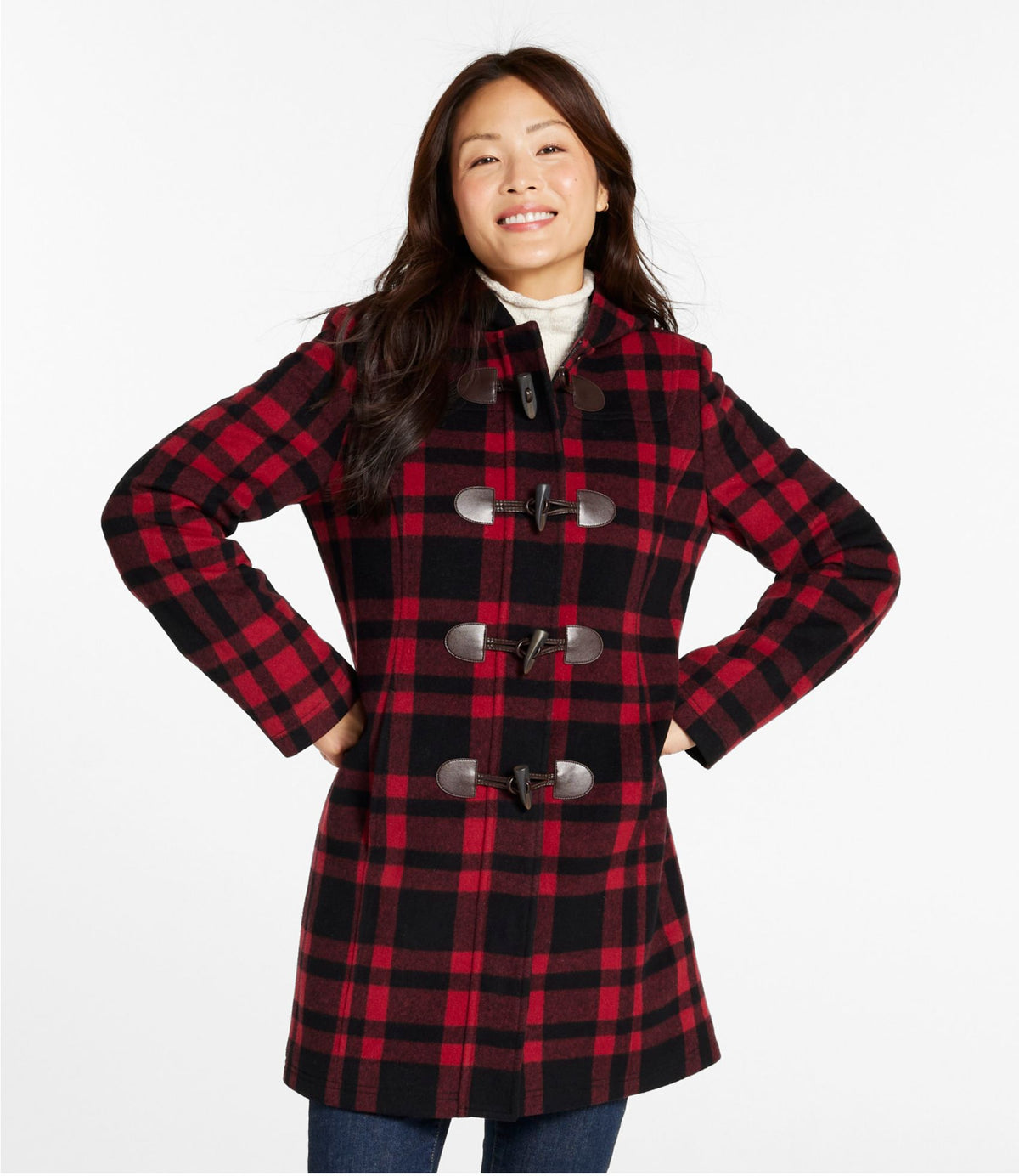 L.L.Bean Women's Classic Lambswool Duffel Coat, Pattern Royal Red Plaid