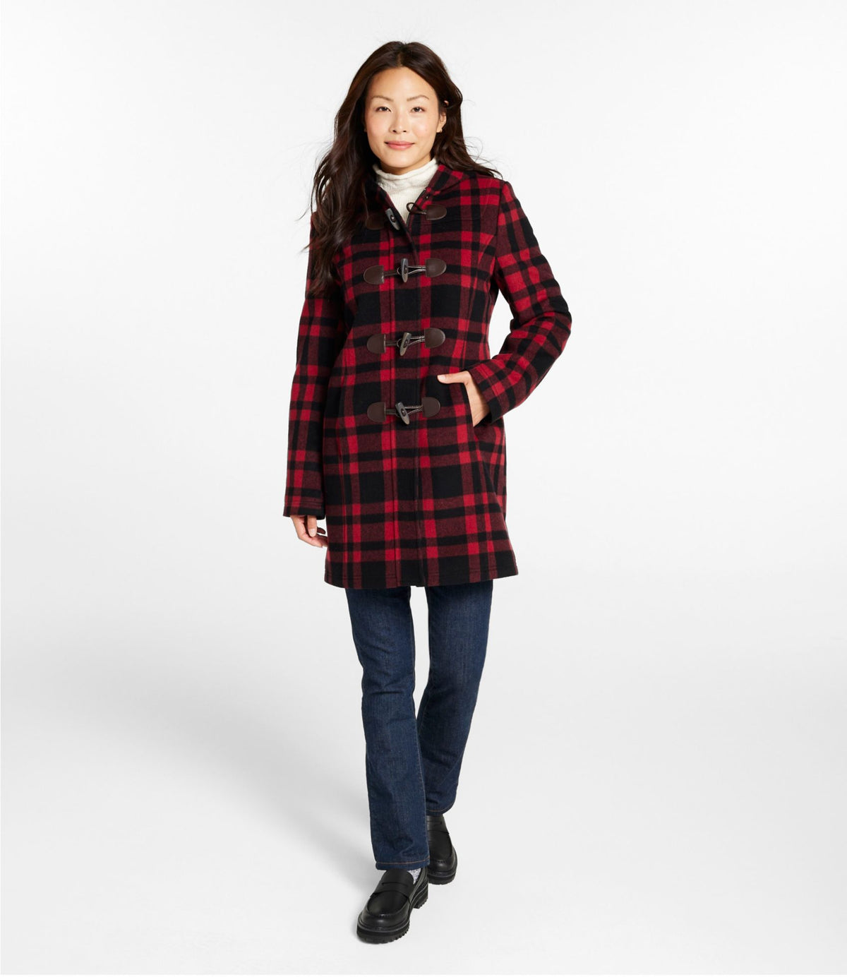 L.L.Bean Women's Classic Lambswool Duffel Coat, Pattern Royal Red Plaid