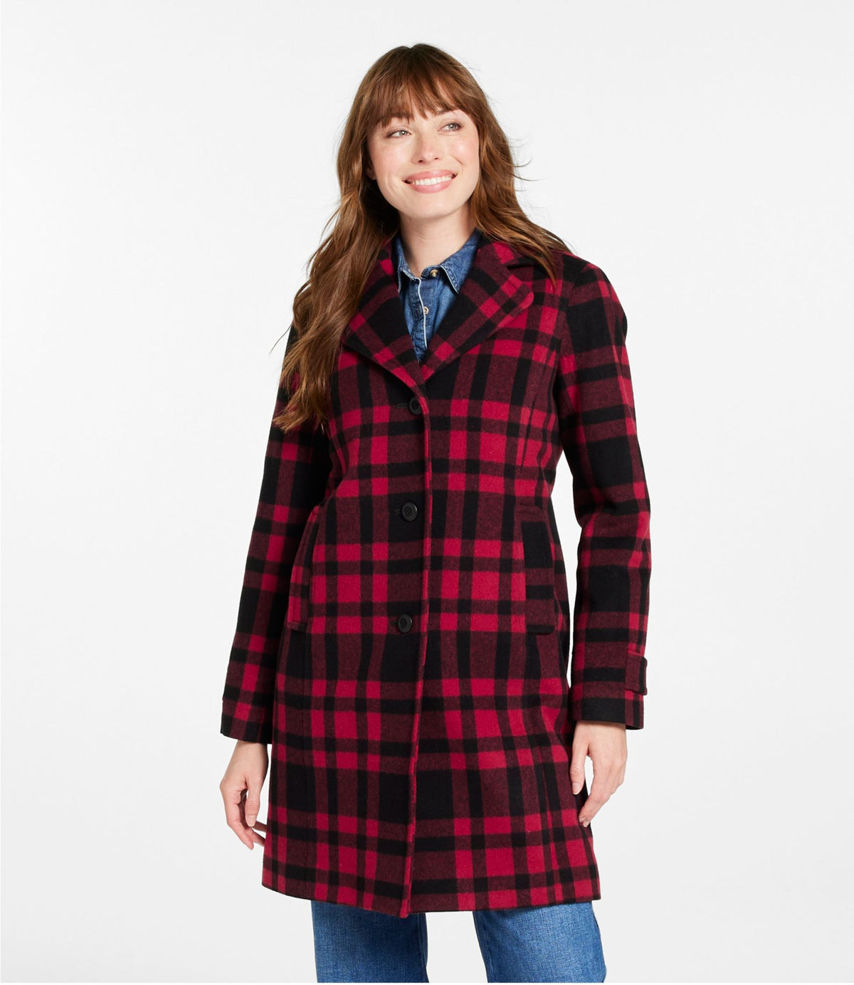 L.L.Bean Women's Classic Lambswool Polo Coat, Three-Quarter, Pattern Royal Red Plaid