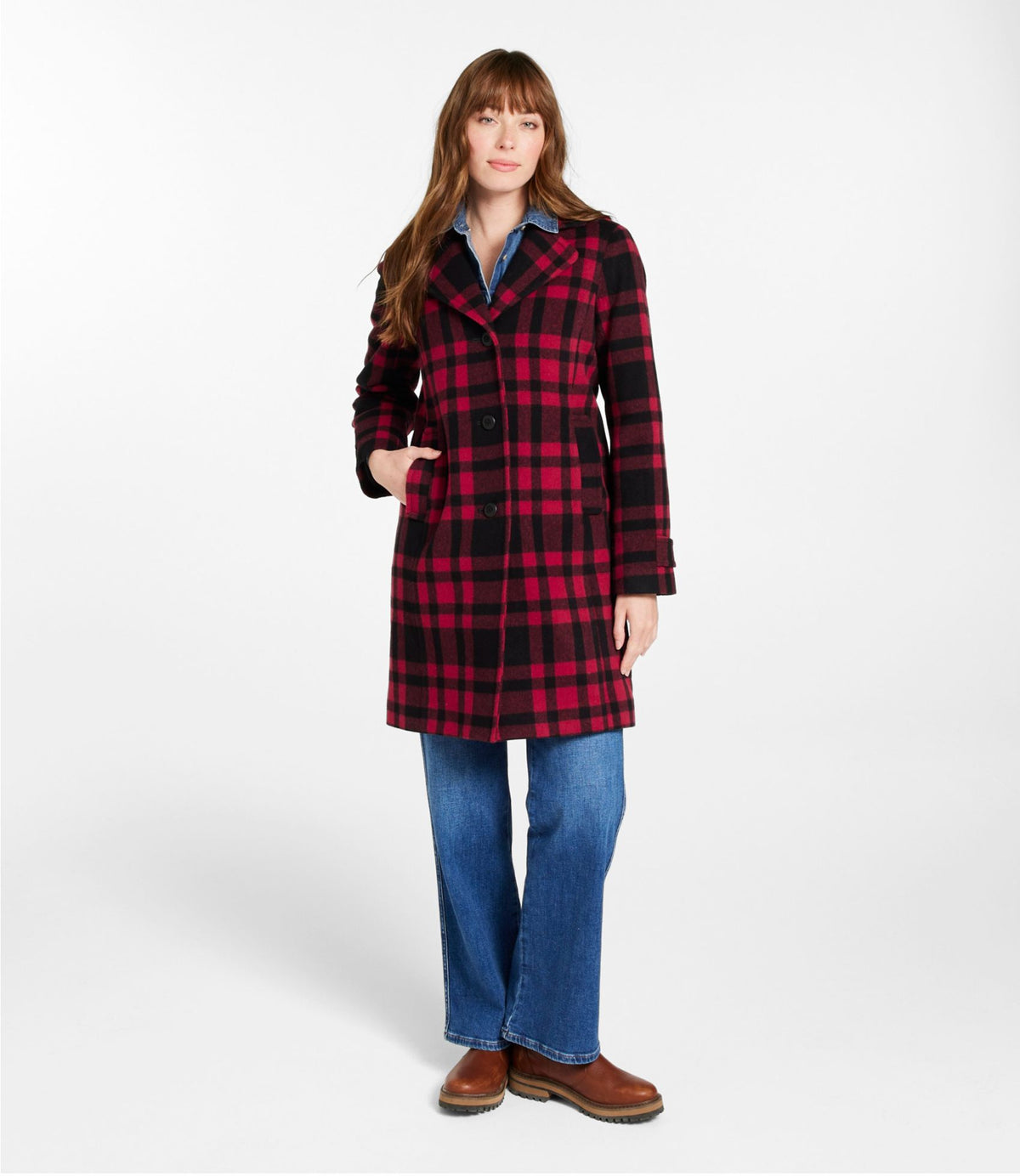 L.L.Bean Women's Classic Lambswool Polo Coat, Three-Quarter, Pattern Royal Red Plaid