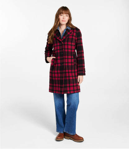 L.L.Bean Women's Classic Lambswool Polo Coat, Three-Quarter, Pattern Royal Red Plaid