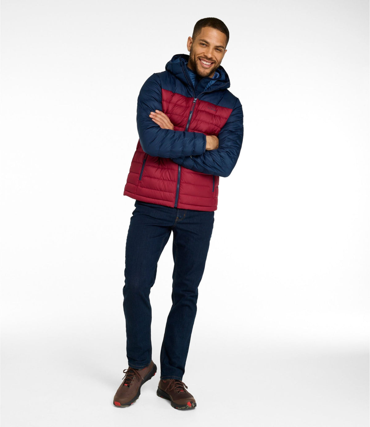 L.L.Bean Men's Access Down Hooded Puffer, Colorblock Nautical Navy/Bordeaux