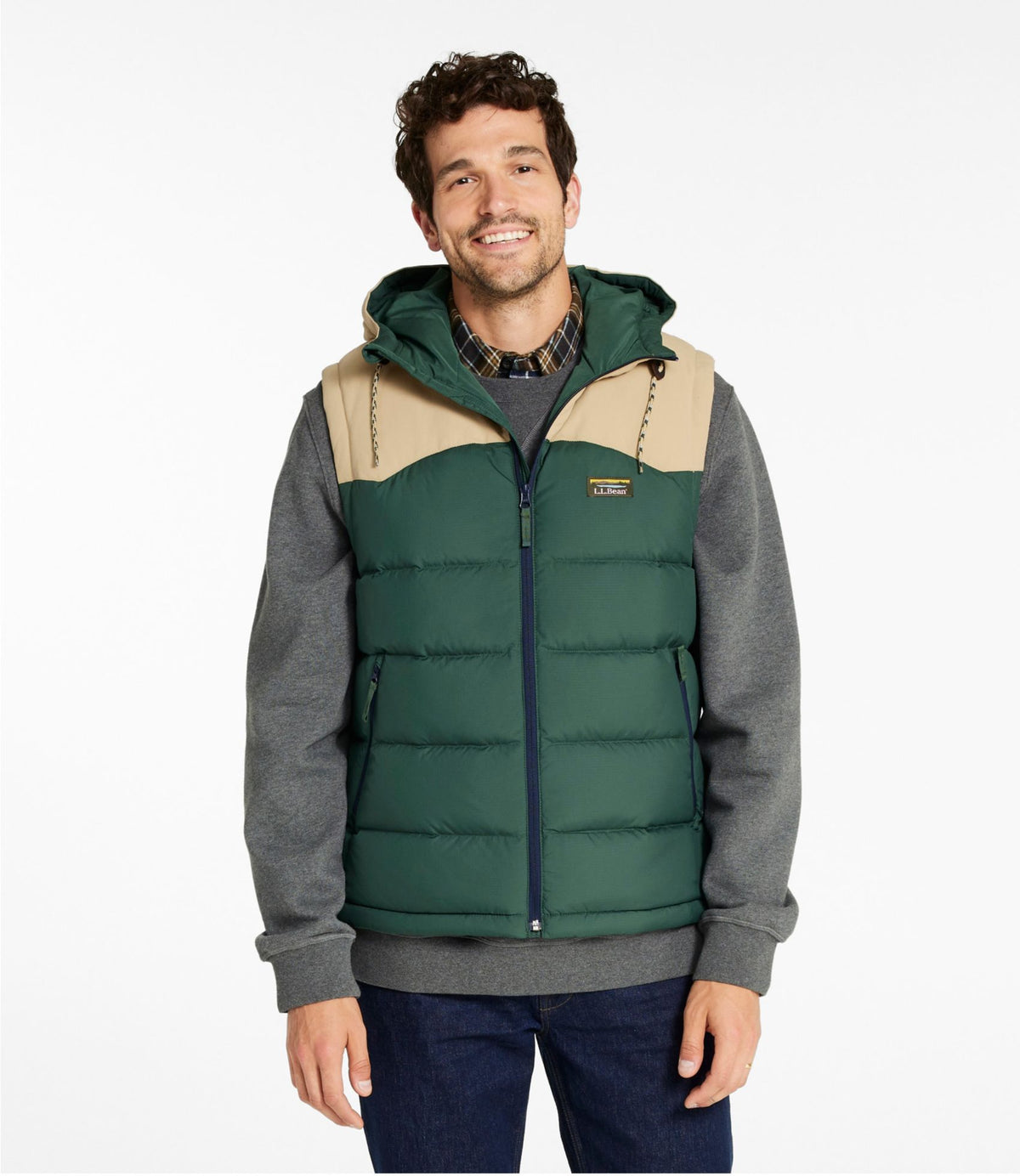 L.L.Bean Men's Mountain Classic Hooded Down Vest Pinewood Green/Sandstone