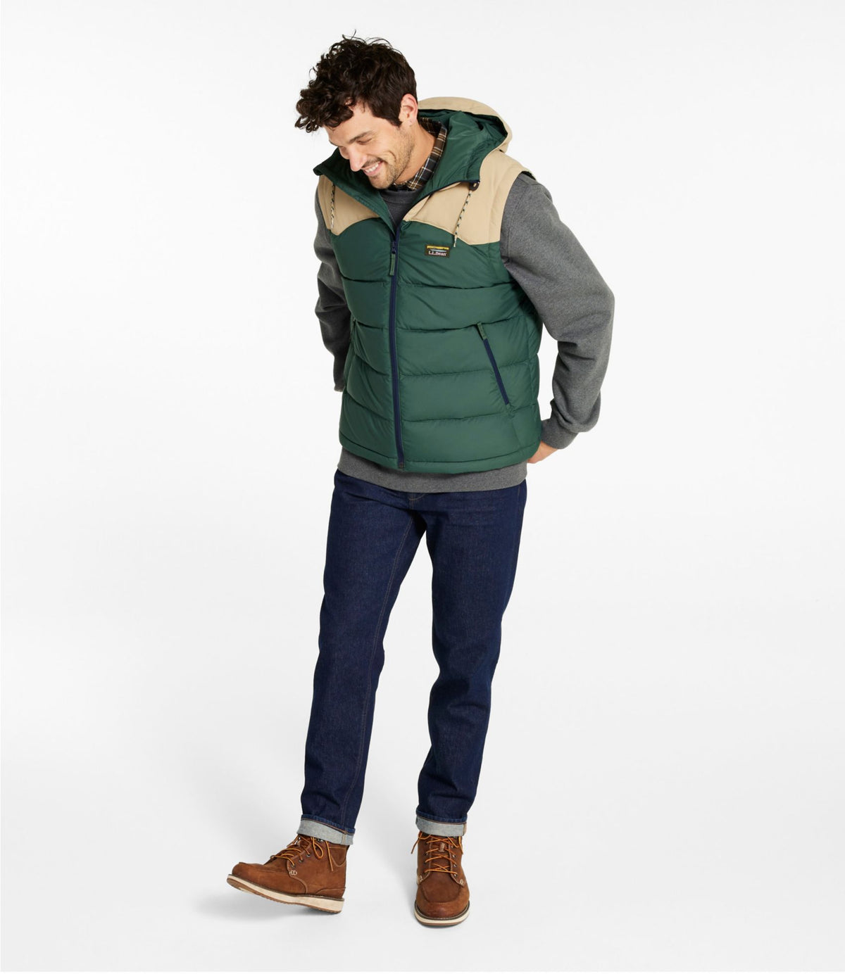 L.L.Bean Men's Mountain Classic Hooded Down Vest Pinewood Green/Sandstone