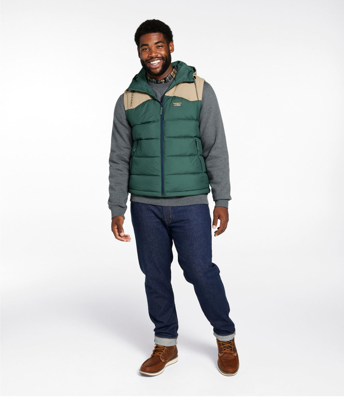 L.L.Bean Men's Mountain Classic Hooded Down Vest Pinewood Green/Sandstone