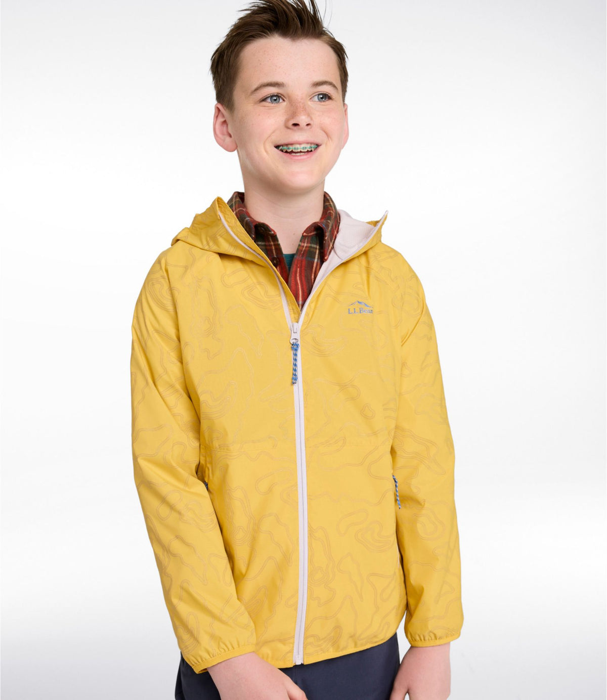 L.L.Bean Kids' Wind and Rain Jacket, Lined & Reflective Zipper Field Gold Reflective Topo