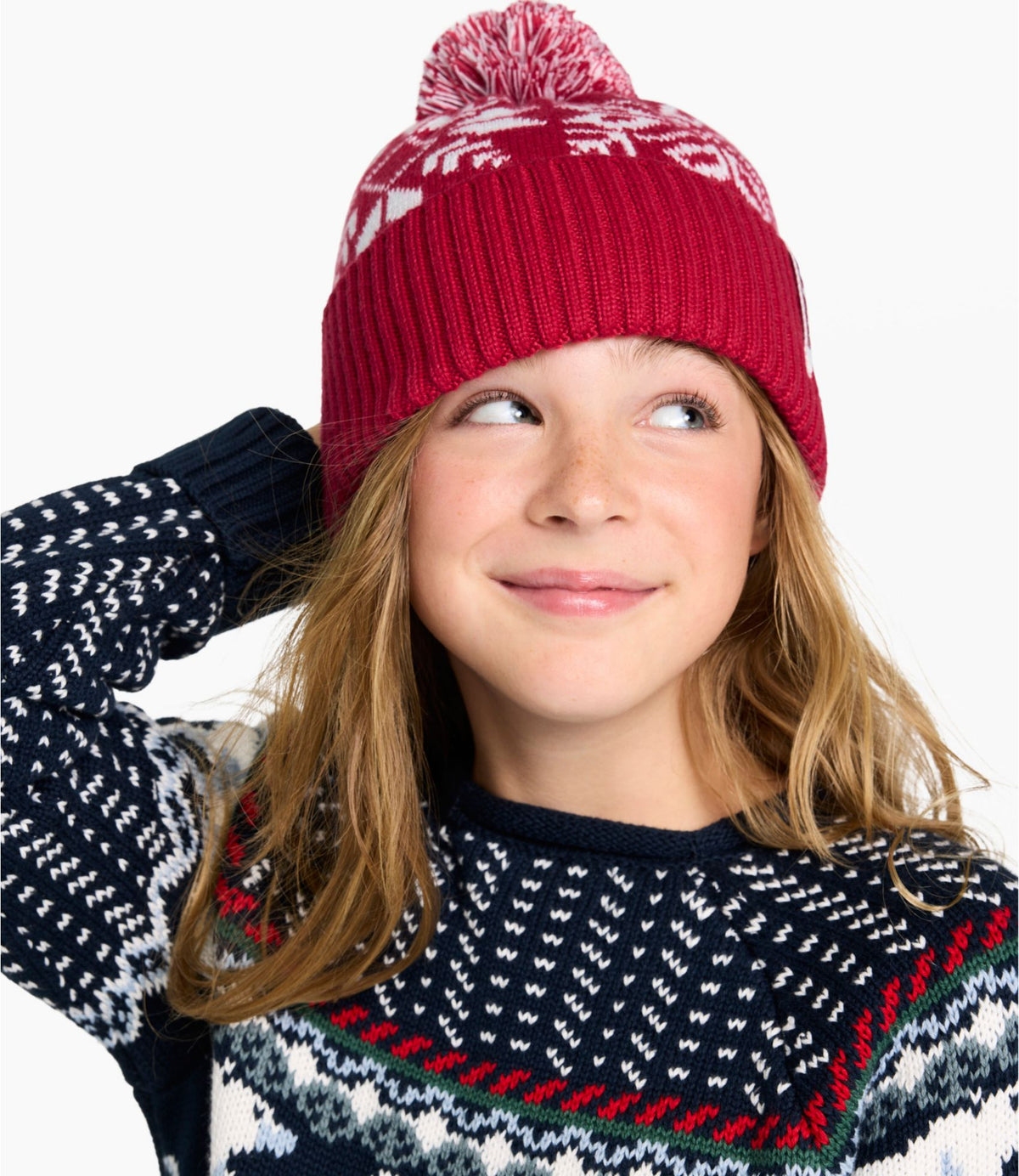 L.L.Bean Kids' Snowflake Chunky Yarn Pom Hat Blue Tide/Surf Blue
