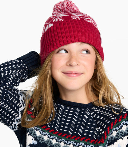 L.L.Bean Kids' Snowflake Chunky Yarn Pom Hat Blue Tide/Surf Blue