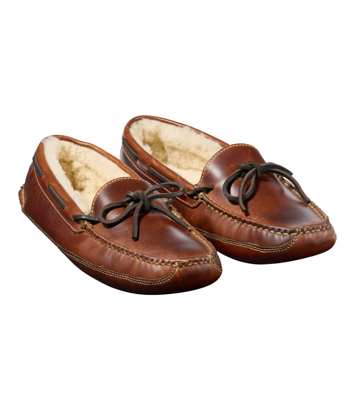 L.L.Bean Men's Leather Double-Sole Slippers, Shearling-Lined Brown