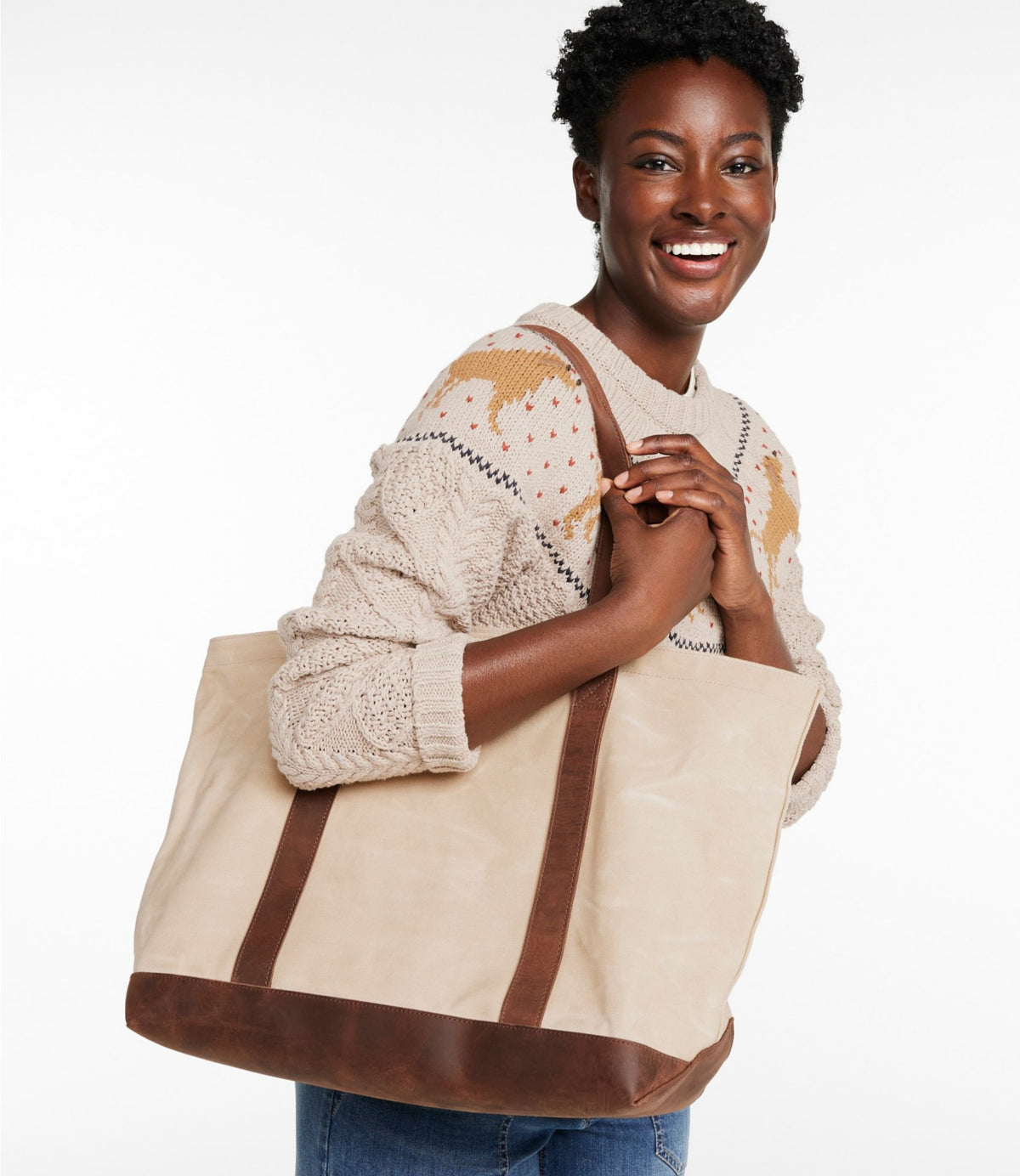 L.L.Bean Leather-Trim Waxed Canvas Tote Brown Leather