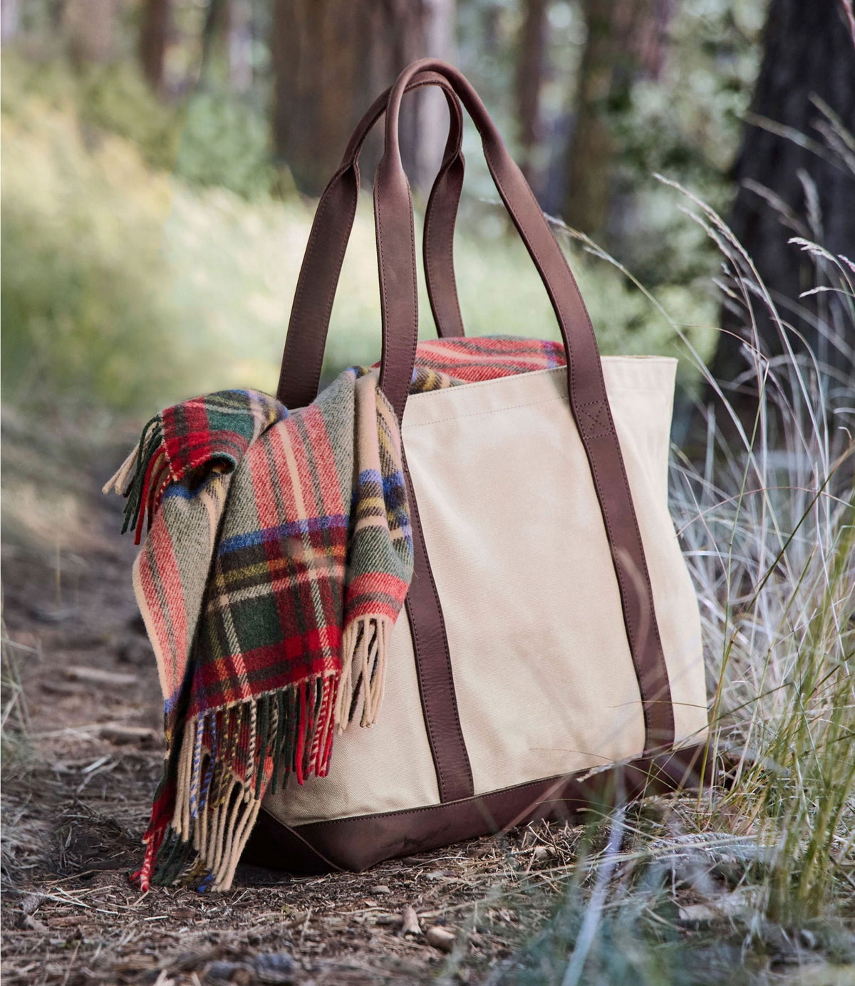 L.L.Bean Leather-Trim Waxed Canvas Tote Brown Leather