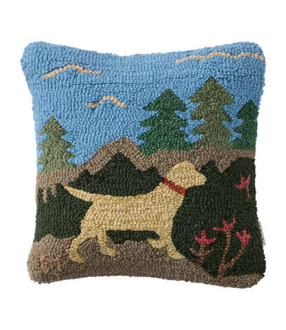L.L.Bean Wool Hooked Throw Pillow, Trail & Tail Yellow Dog, 14" x 14"