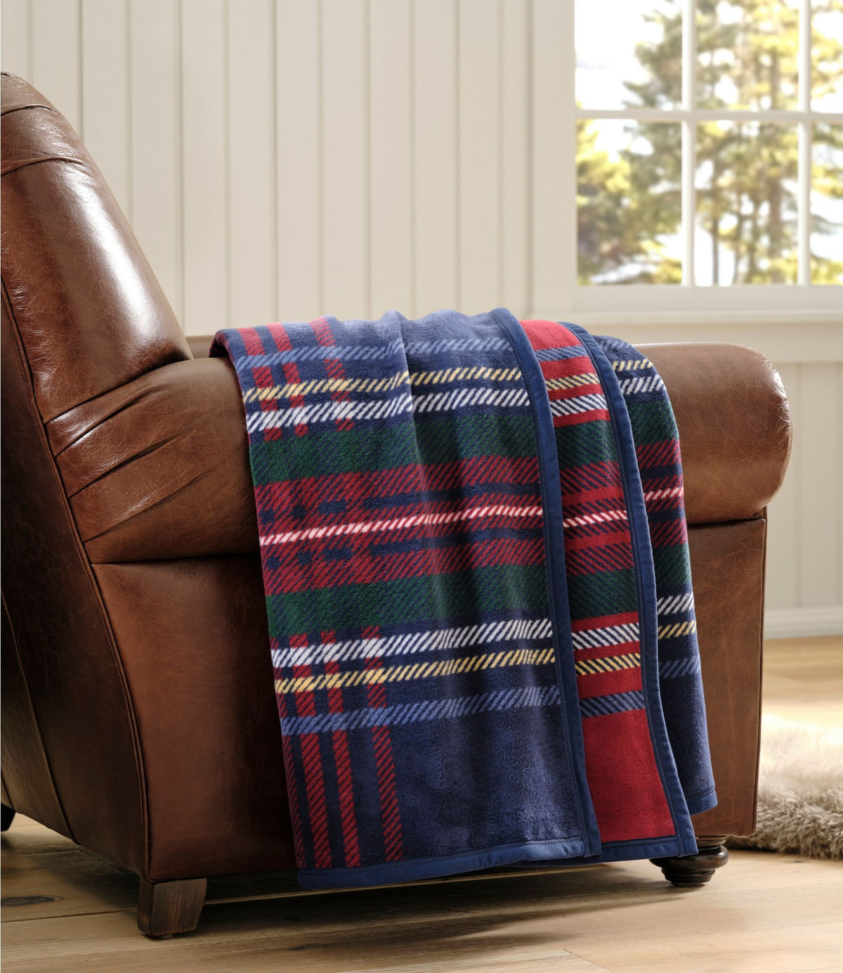 L.L.Bean ChappyWrap Cozy Throw Blanket, Plaid Navy Plaid