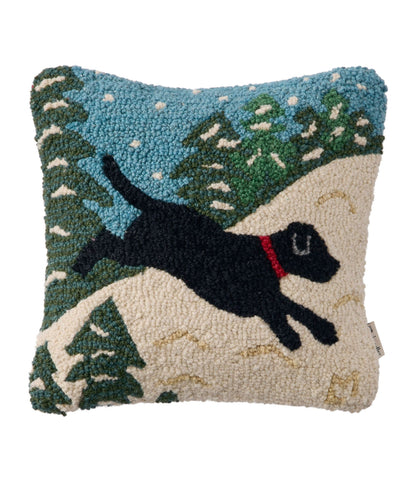 L.L.Bean Wool Hooked Throw Pillow, Snow Day Black Dog, 14" x 14"