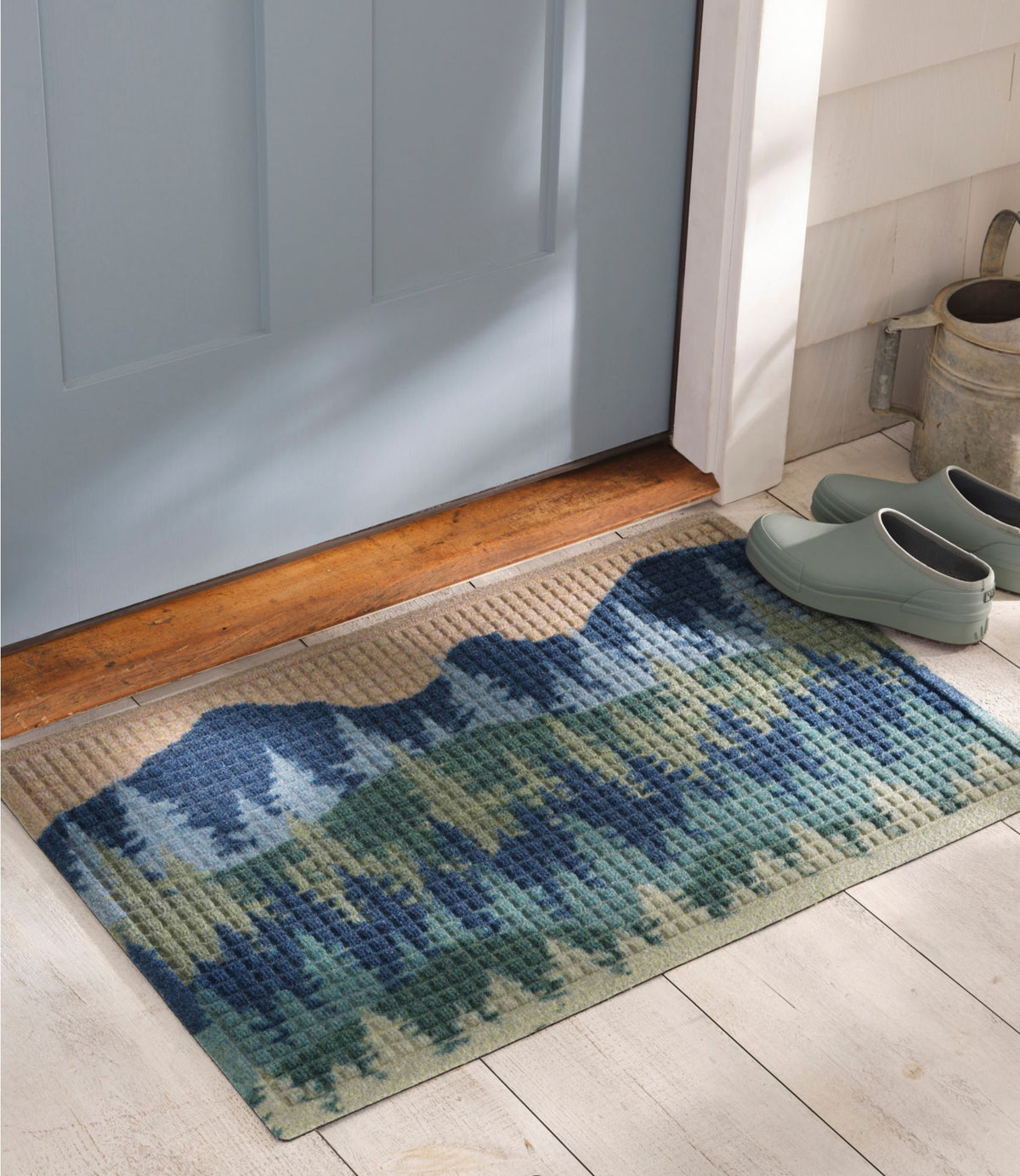 L.L.Bean Printed Recycled Waterhog Doormat, Pine Trees Blue/Green