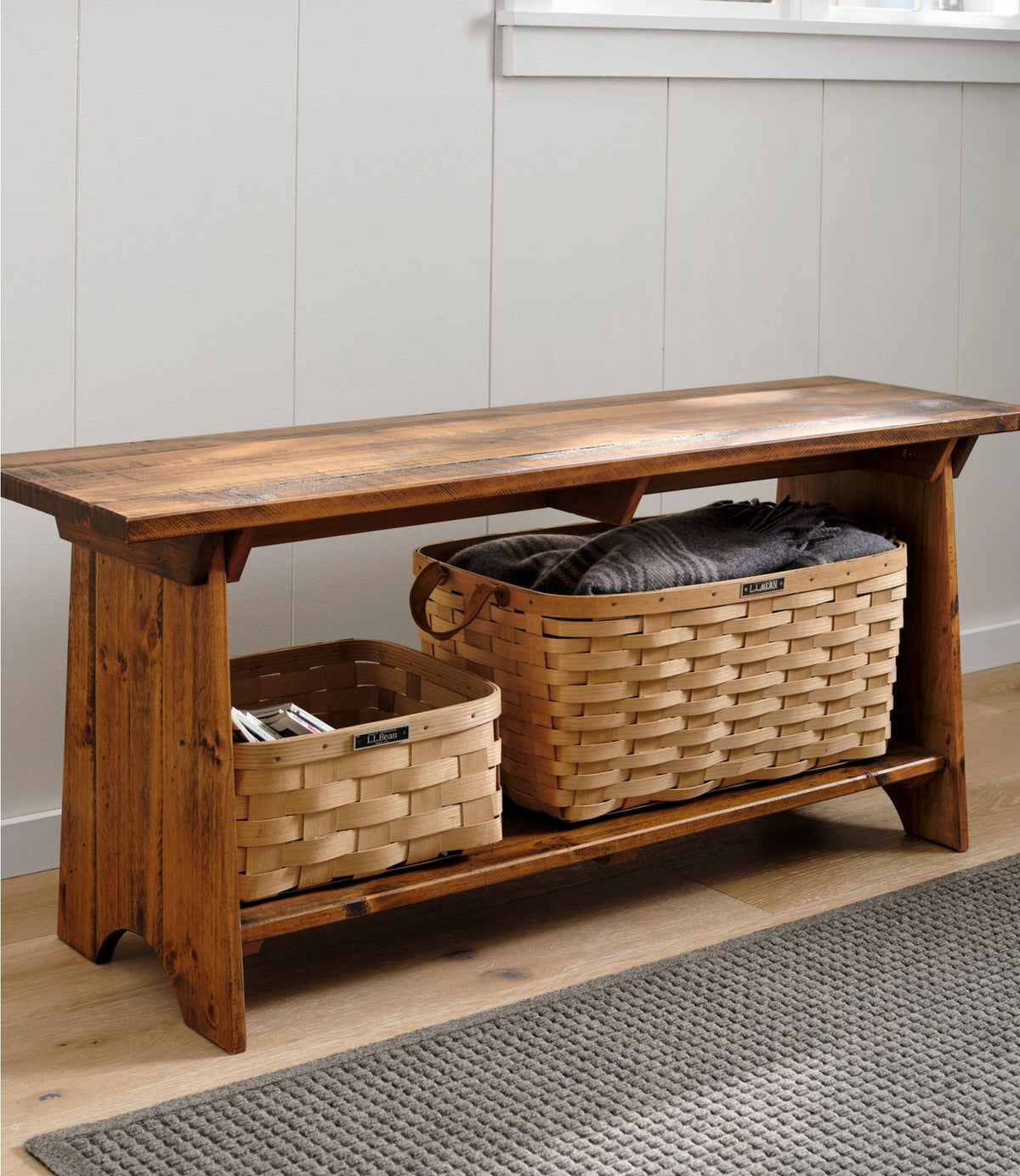 L.L.Bean Rustic Wooden Mudroom Bench, Large Dark Natural