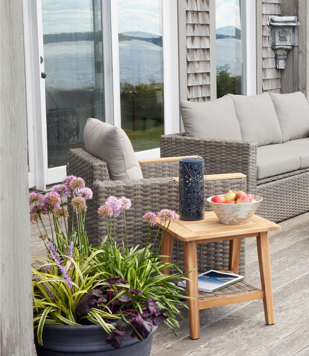 L.L.Bean Teak Side Table with Wicker Storage Shelf Natural