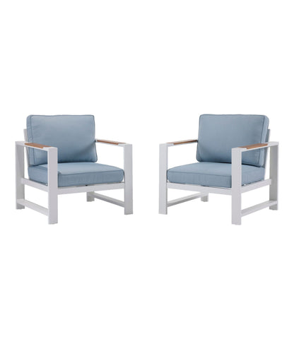 L.L.Bean White Aluminum Deep Seating Armchair with Blue Cushions, Set of Two Sky Blue/White