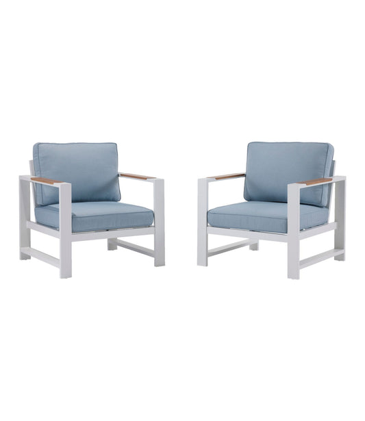 L.L.Bean White Aluminum Deep Seating Armchair with Blue Cushions, Set of Two Sky Blue/White