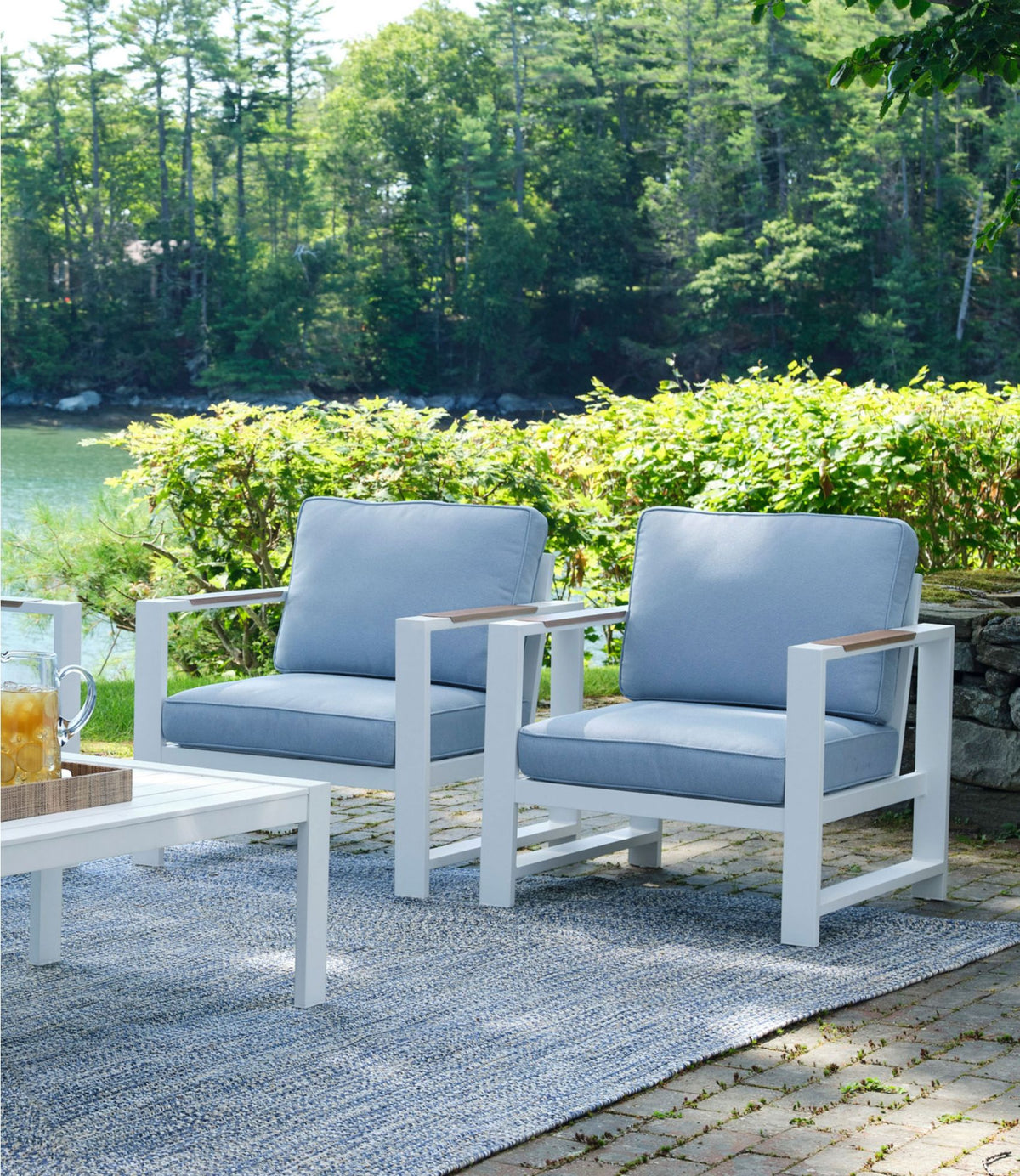 L.L.Bean White Aluminum Deep Seating Armchair with Blue Cushions, Set of Two Sky Blue/White