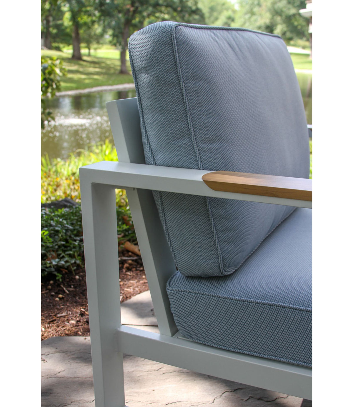 L.L.Bean White Aluminum Deep Seating Armchair with Blue Cushions, Set of Two Sky Blue/White