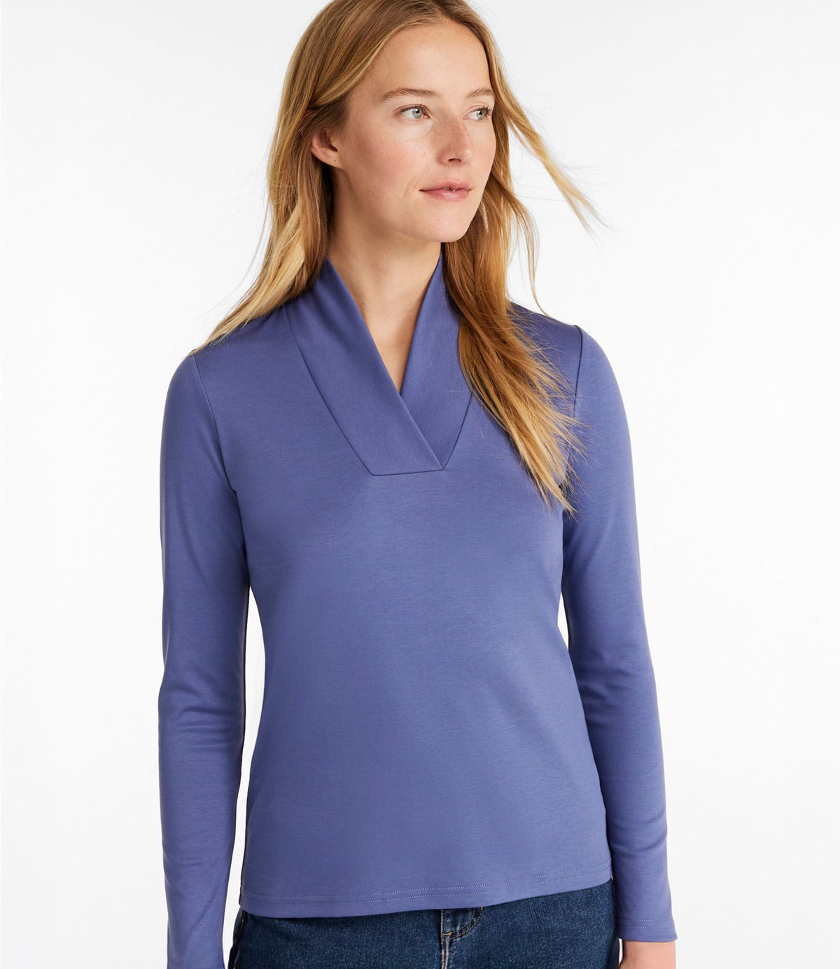 L.L.Bean Women's Pima Cotton Tee, Shawl Long-Sleeve Dark Twilight Blue