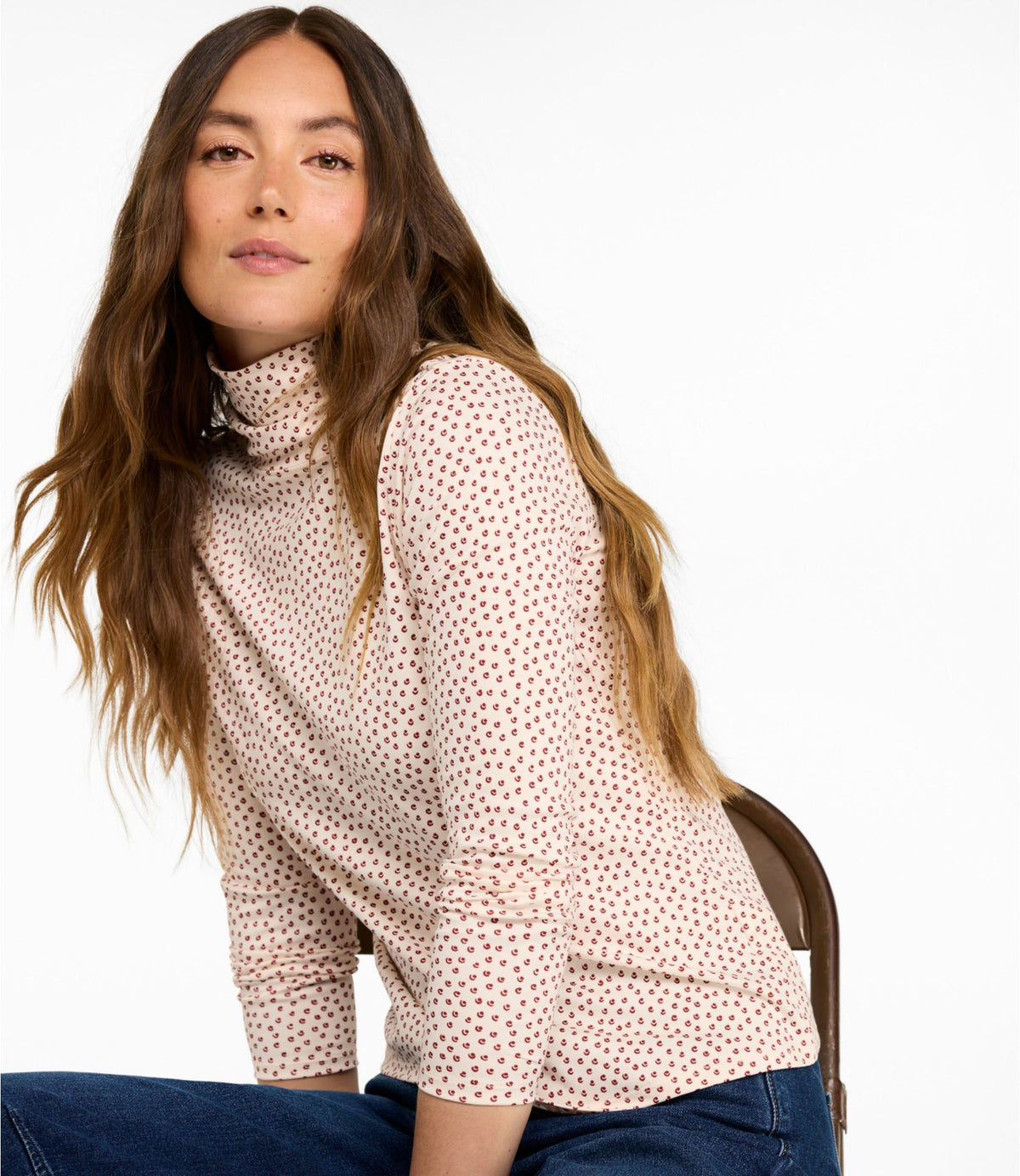 L.L.Bean Women's Pima Cotton Turtleneck, Long-Sleeve Print Cream/Bordeaux Retro Dot