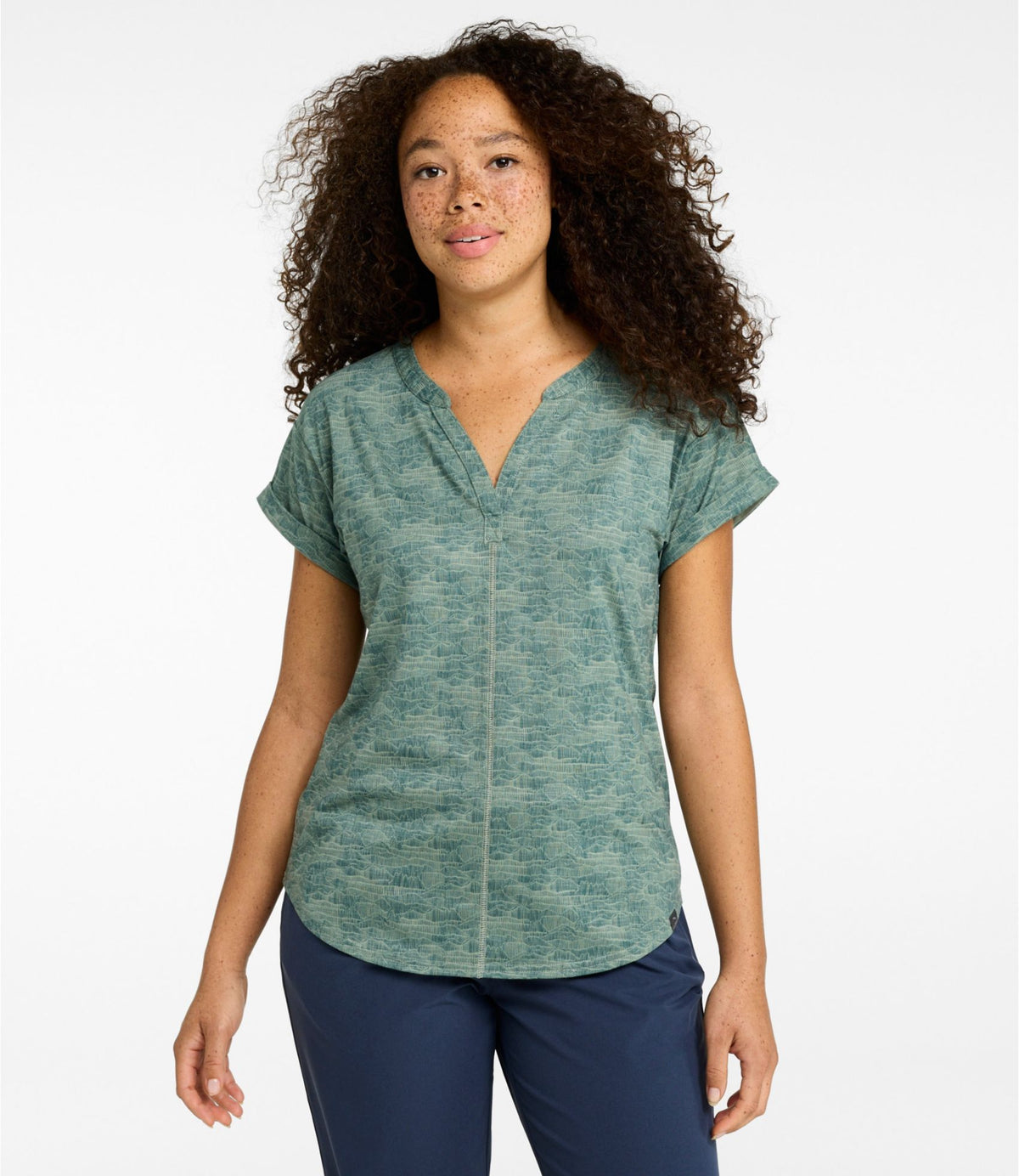L.L.Bean Women's Streamside Tee, Short-Sleeve Splitneck Print Deep Lake Mountain