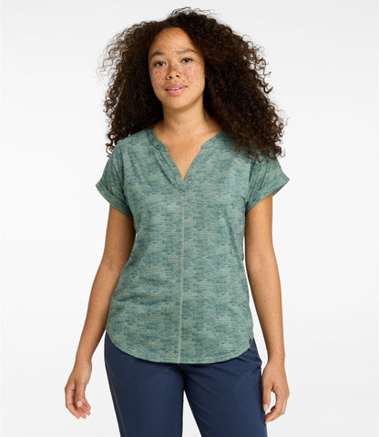 L.L.Bean Women's Streamside Tee, Short-Sleeve Splitneck Print Deep Lake Mountain