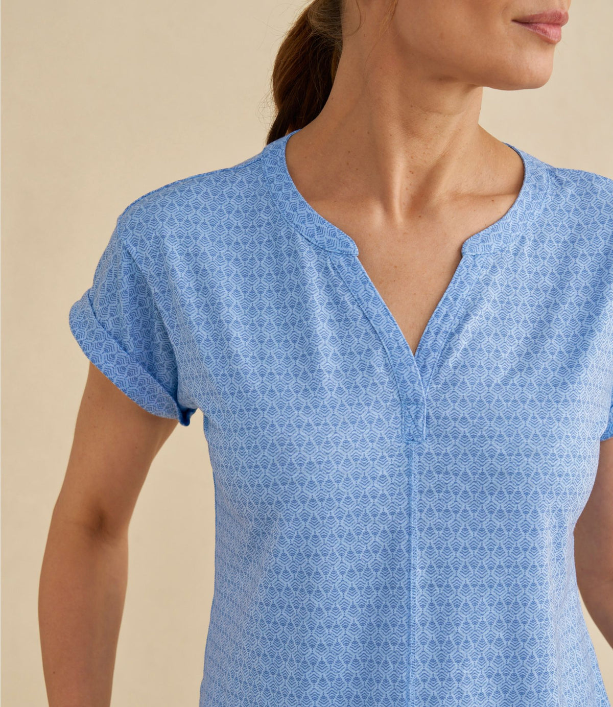 L.L.Bean Women's Streamside Tee, Short-Sleeve Splitneck Print Deep Lake Mountain
