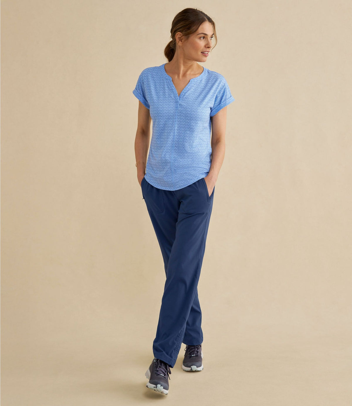 L.L.Bean Women's Streamside Tee, Short-Sleeve Splitneck Print Deep Lake Mountain