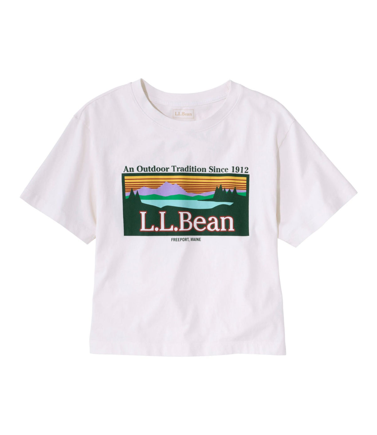L.L.Bean Women's Sunwashed Tee, Short-Sleeve Cropped Boxy Crewneck Logo Bone Outdoor Tradition