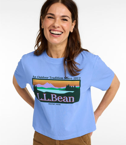 L.L.Bean Women's Sunwashed Tee, Short-Sleeve Cropped Boxy Crewneck Logo Bone Outdoor Tradition