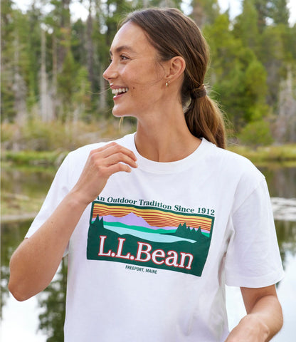 L.L.Bean Women's Sunwashed Tee, Short-Sleeve Cropped Boxy Crewneck Logo Bone Outdoor Tradition