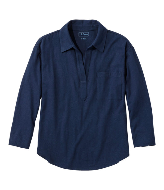 L.L.Bean Women's Lakeside Linen/Cotton Tee, Three-Quarter-Sleeve Splitneck Polo Classic Navy