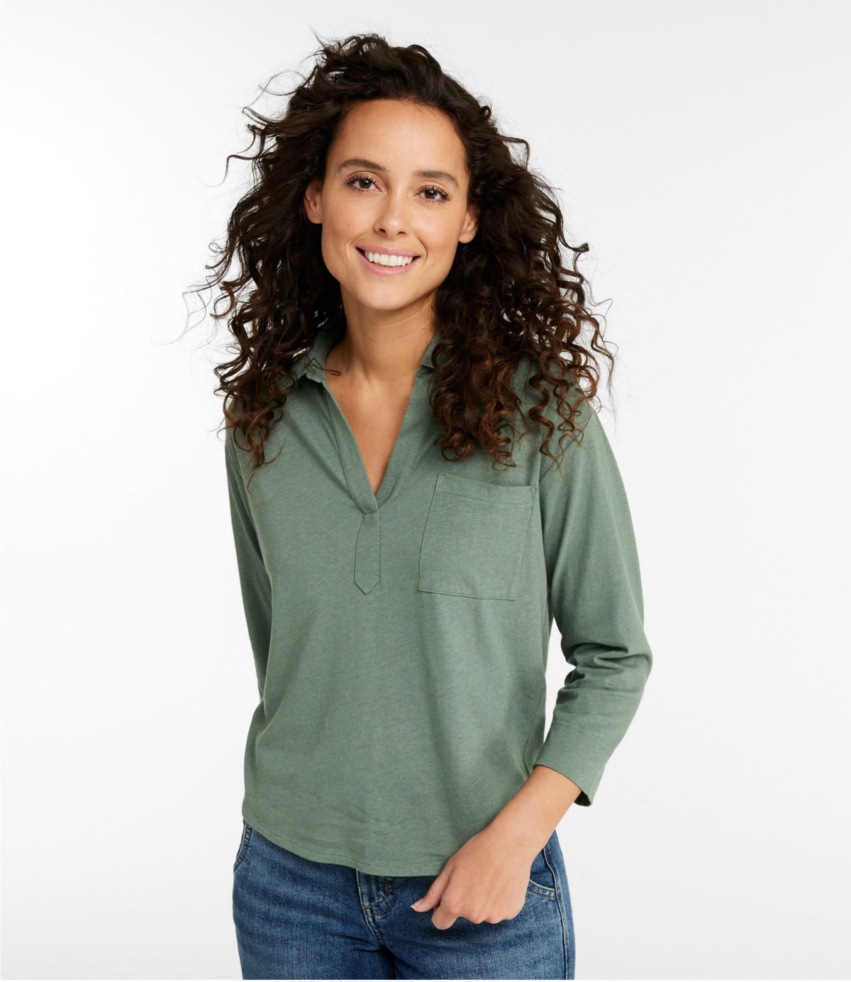 L.L.Bean Women's Lakeside Linen/Cotton Tee, Three-Quarter-Sleeve Splitneck Polo Classic Navy